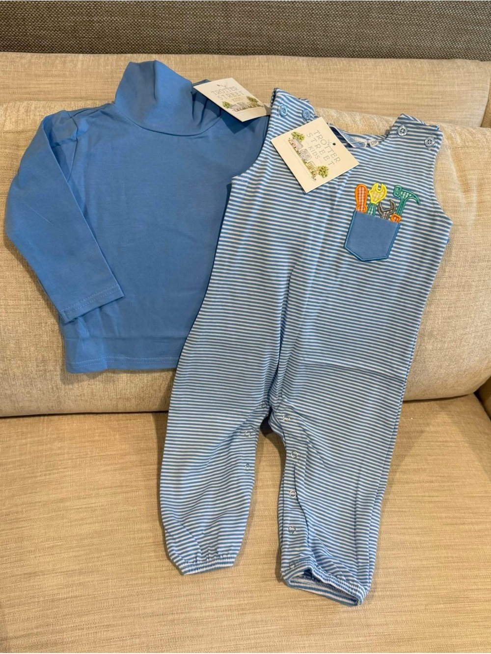 Blue Striped Boys' Matching Set with Pocket Tool Embroidery